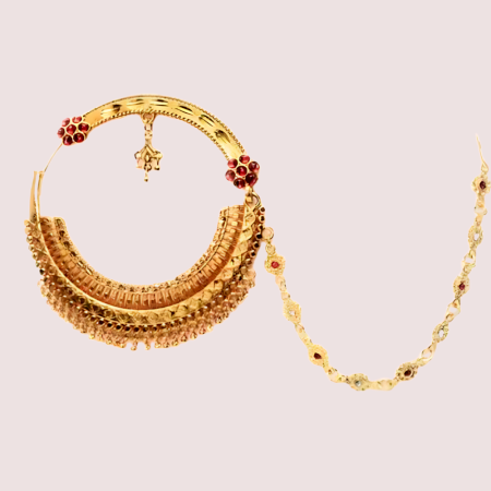 Handmade Brass Alloy Bridal Nath with Chic Chain Design